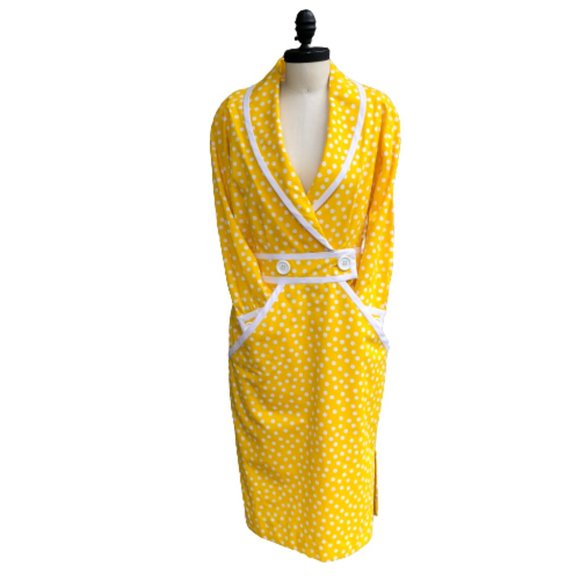 Vtg ADELE SIMPSON 80s Does 50s/60s Polka Dot Yellow White Wiggle Pencil Dress - Picture 3 of 16